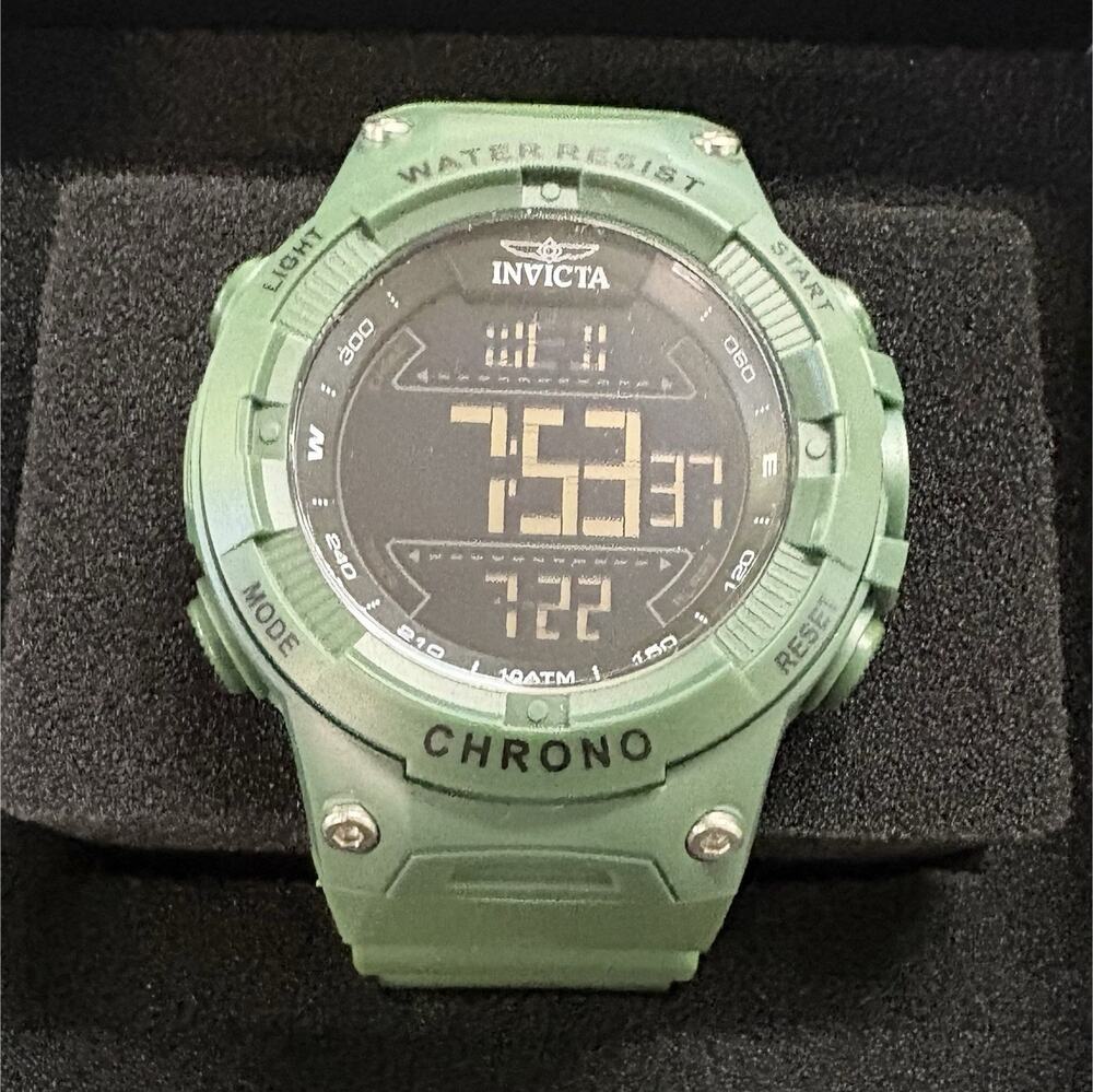 Invicta Chrono Digital Quartz Watch Green Resin Strap 100m Water Resist Box
